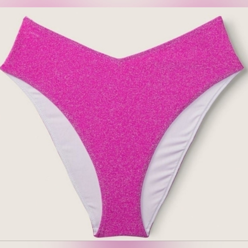 XS M PINK Swim Shimmer High Waist Cheeky Bikini Bottom - Picture 4 of 7
